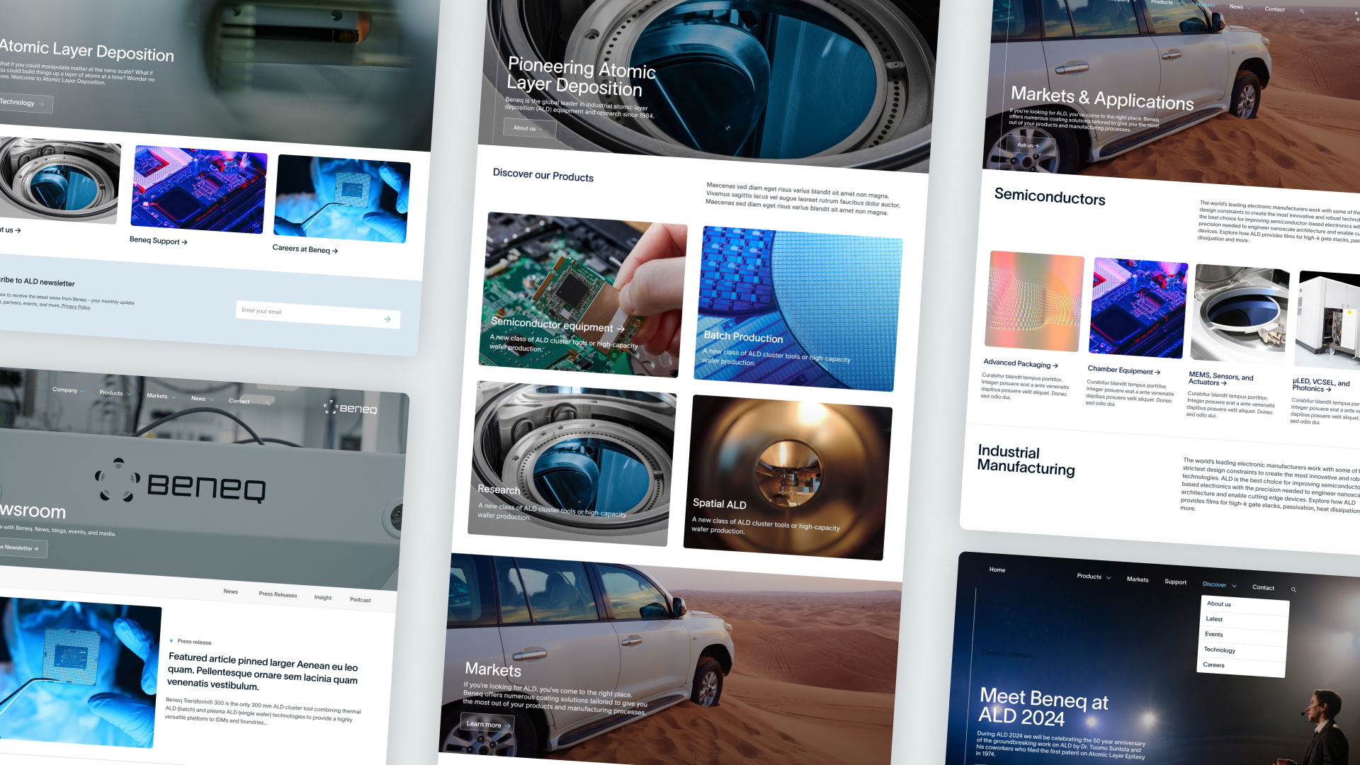 Beneq web platform shown across several page layouts