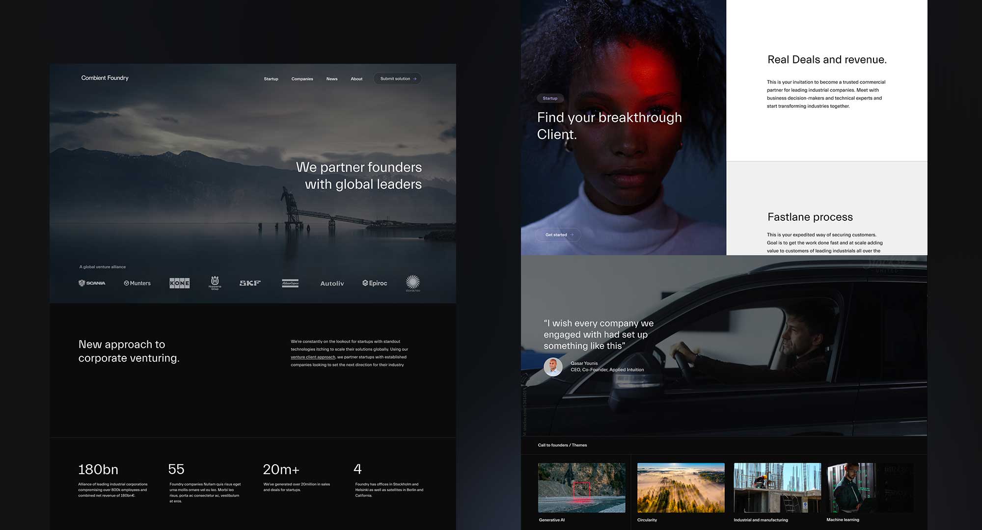 Combient Foundry website shown across several page layouts